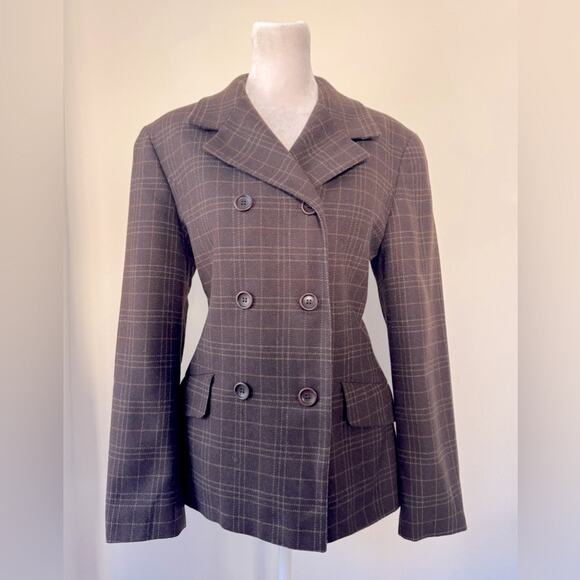 Vintage Y2K Ann Taylor Loft Brown Plaid Wool Double Breasted Blazer - Picture 2 of 7